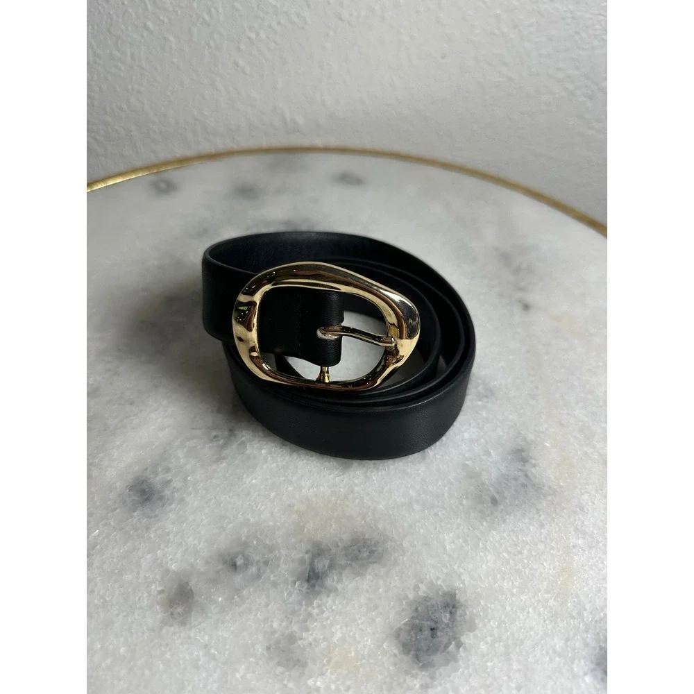 Womens Black Leather Belt Gold Organic Oval Hammered Buckle Classic Modern